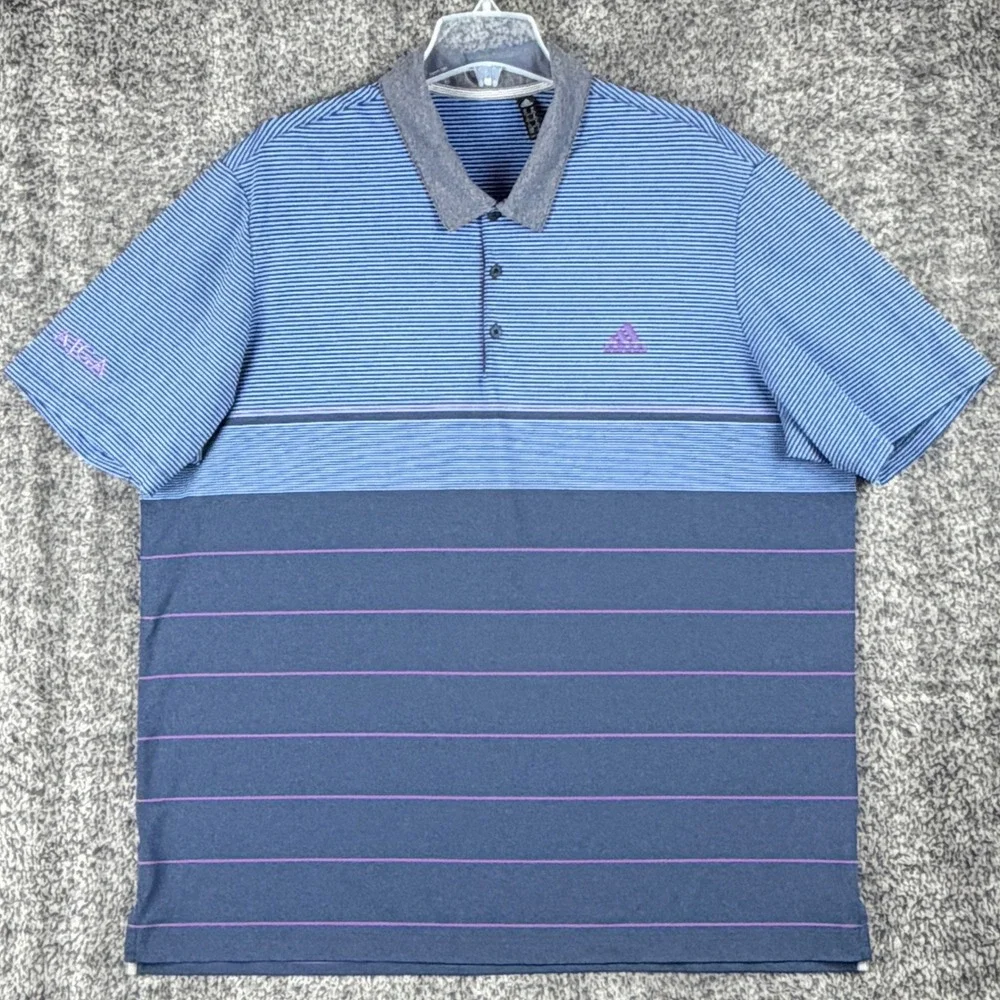 Adidas Men's 2XL Golf Polo Shirt Blue‎ Purple Striped Performance Athletic AJGA